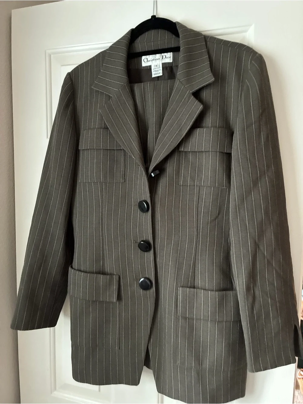 Vintage Christian Dior 2-Piece Wool Pinstripe Pantsuit Blazer Suit Size 6
